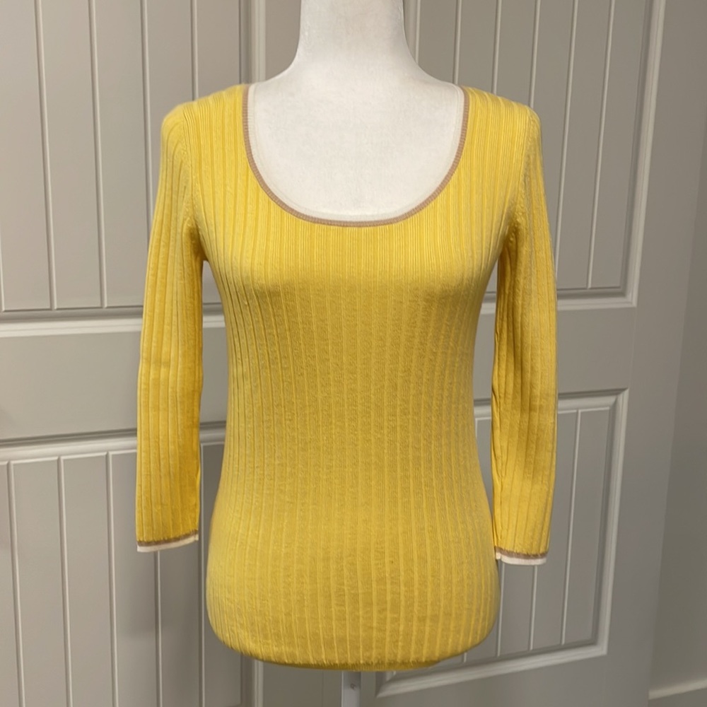 Ann Taylor Contrast Trim Ribbed Knit Scoop Neck Yellow Pullover Sweater
